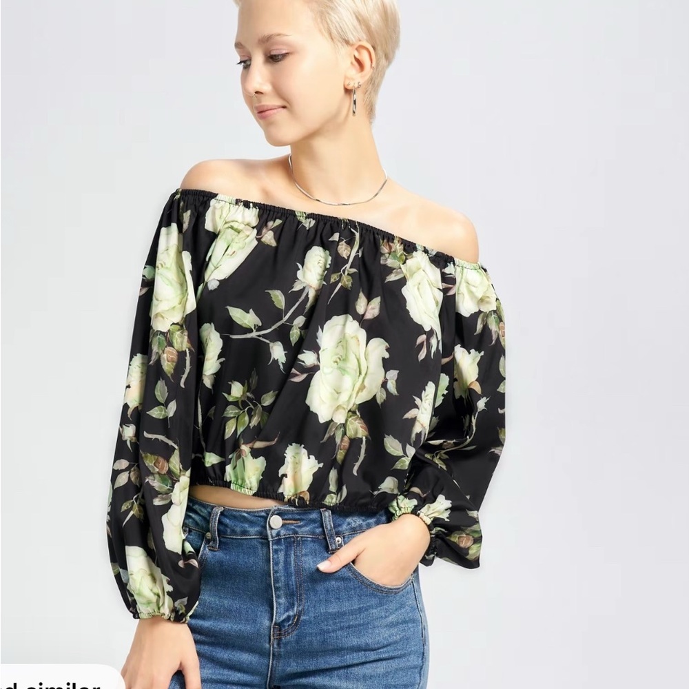 Elegant Floral Off-Shoulder Blouse - Black and Green